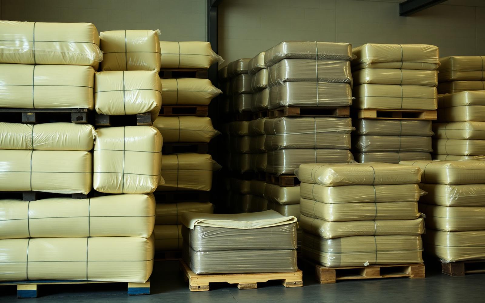 Wrapped textile bales on pallets ready for export