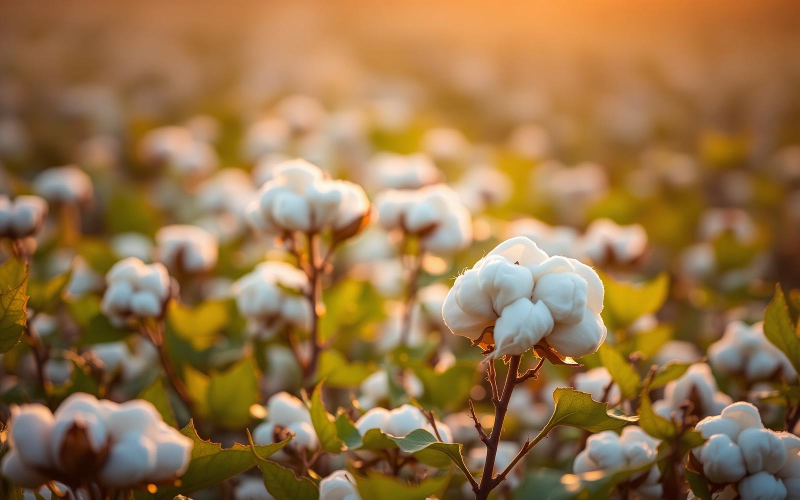 Organic cotton bolls in a field at golden hour