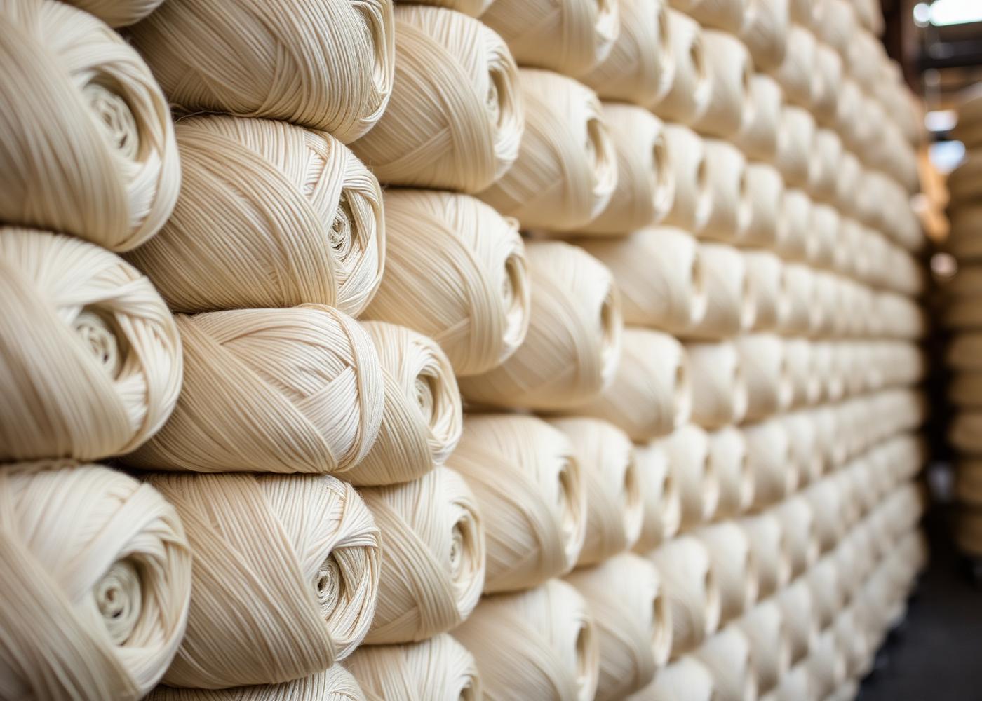 Stacked cotton yarn cones in a Le Merite export warehouse